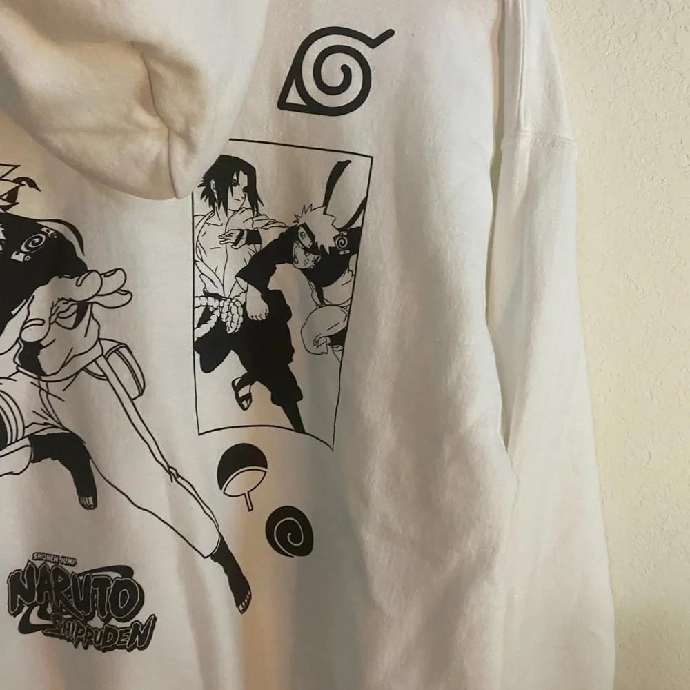 Naruto Shippuden Anime Manga Double Sided Graphic Hoodie White Sweatshirt L